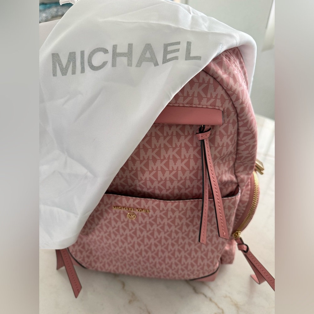 Michael Kors Pink Prescott Large Signature Logo Print Woven Backpack - Picture 15 of 15